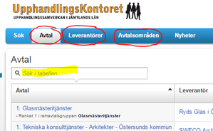 Skärmurklipp som visar valen Leverantör och Avtalsområden i Avtalskatalogen